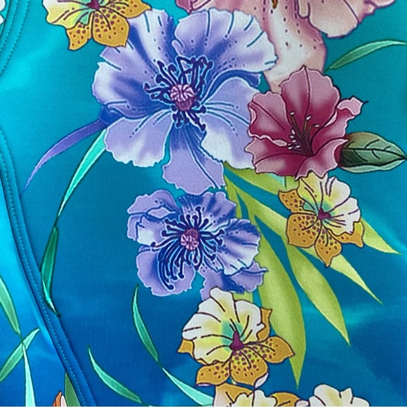 Johnny Was Swimsuit One Piece Zip Neoprene Blue Teal Tie Dye Floral Medium - Picture 10 of 13